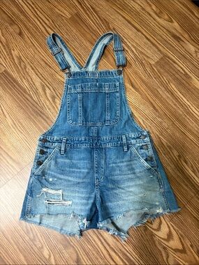 Abercrombie & Fitch Distressed Denim Blue Short Overalls